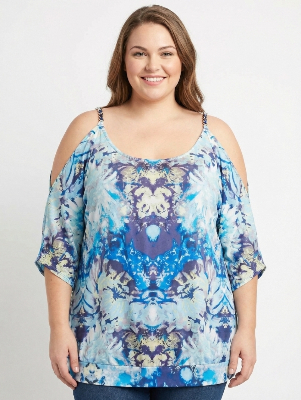 LANE BRYANT OPEN SHOULDER BLUE MARBLE SILKY TOP SZ 4X